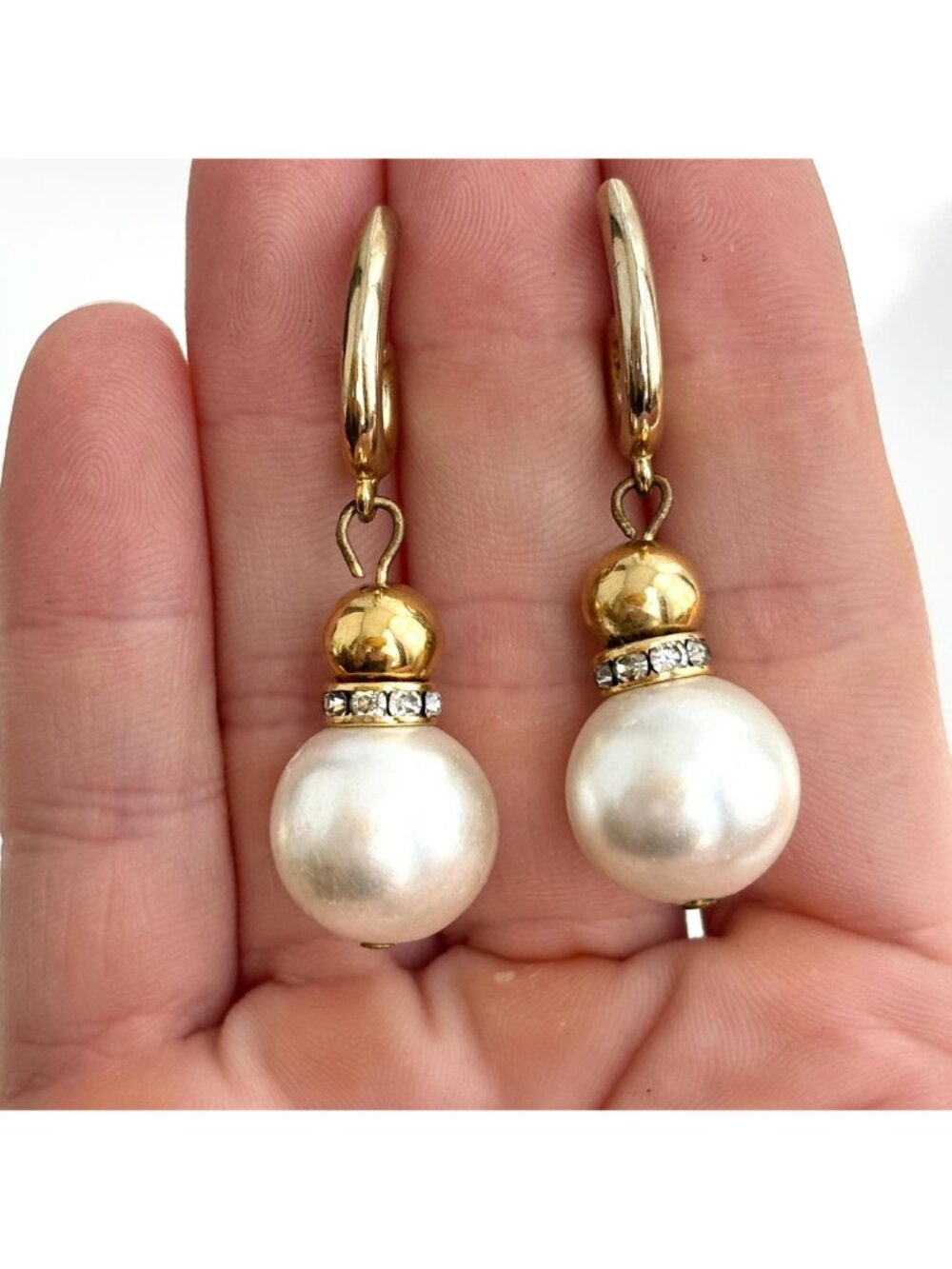 Faux Pearl Accented Rhinestone Swirly Gold Toned Vintage Dangle 80's Earrings - Picture 8 of 9